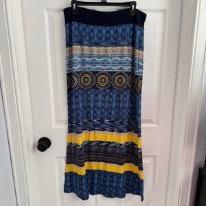 Karen Kane Blue Yellow Boho Ikat Medallion Print Jersey Knit Maxi Skirt Womens M
